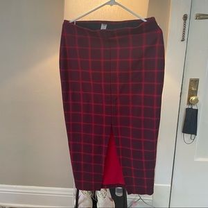 Old Navy Red Plaid Midi Pencil Skirt with Front Slit